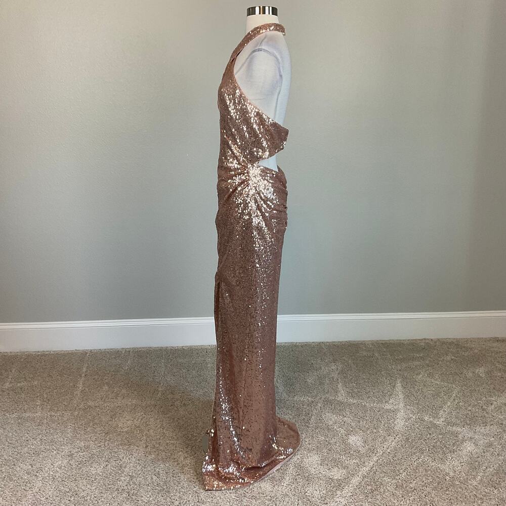 AQUA Rose Gold Column Gown Sequined Backless Cut Out Halter Dress Size Medium - Picture 8 of 13